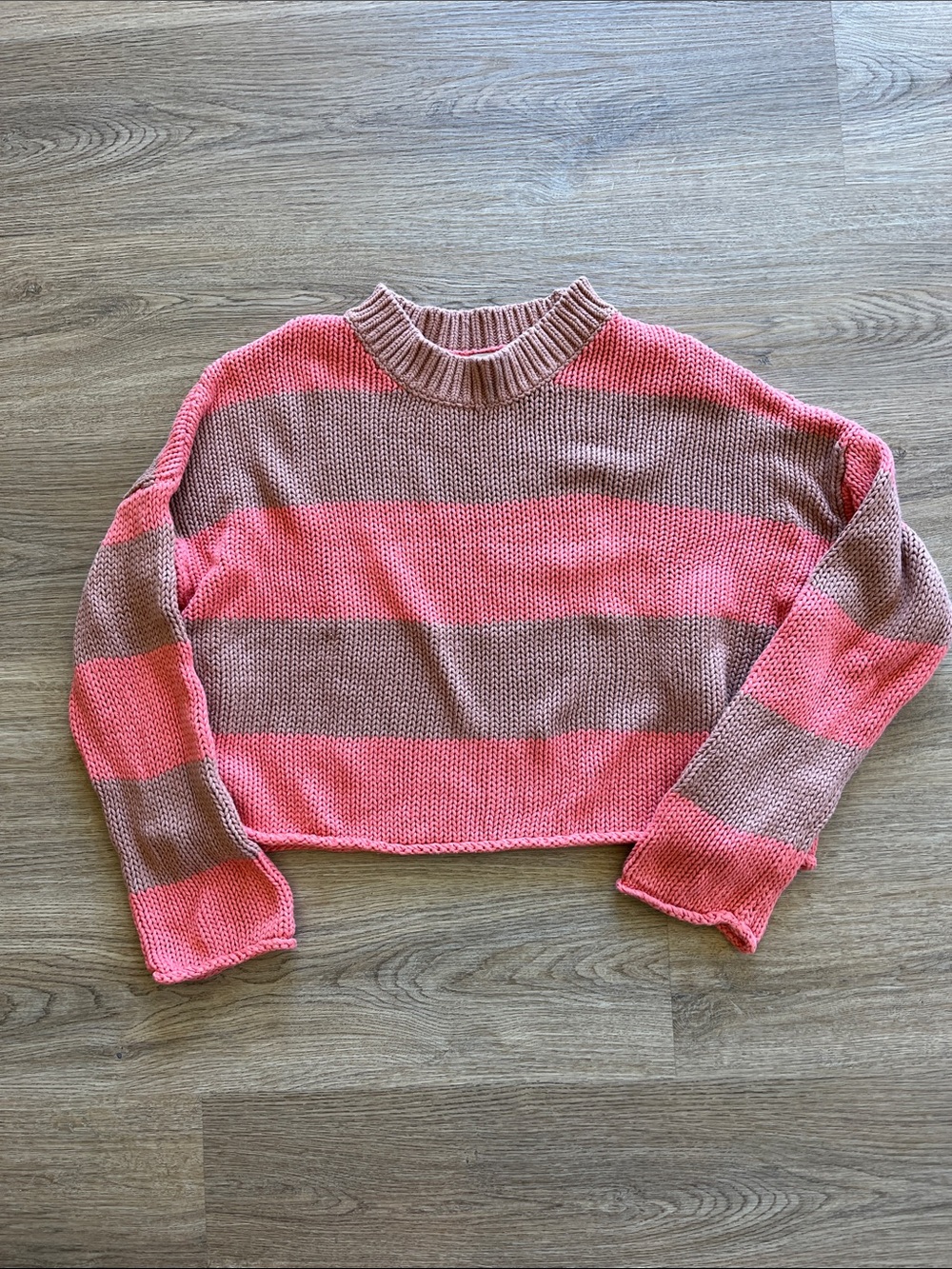 aerie Pink & Taupe Striped Cropped Crew Sweater
